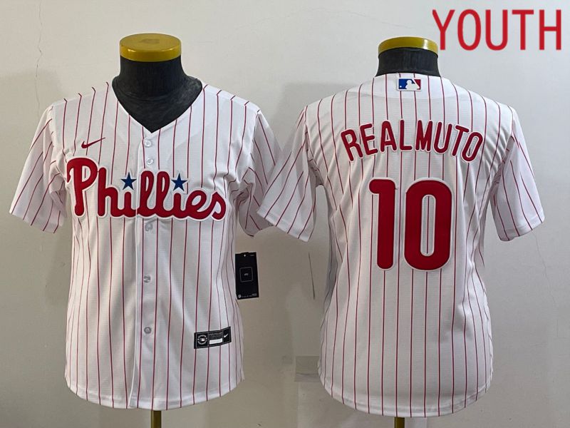 Youth Philadelphia Phillies #10 Realmuto White Stripe Game Nike 2022 MLB Jersey->youth nfl jersey->Youth Jersey
